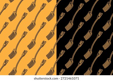 Modelo inconsútil del grabado del rastrillo de la mano del jardín en el fondo negro amarillo fijado para ajardinar. Fondo de patrón de eclosión de rastrillo de suelo para la agricultura. Fondo de pantalla del motivo del arte de la línea del rastrillo de la mano de tierra para al aire libre