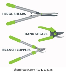 Garden hand tools set of branch clippers, hand shears and hedge cutters.