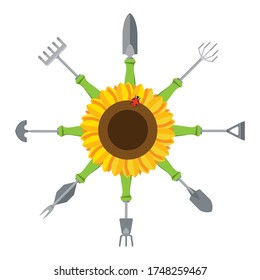 Garden hand tools with sunflower and tiny ladybug. Horticulture planting vector illustration.