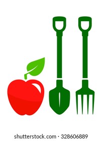 garden harvest symbol with red apple, shovel and pitchfork