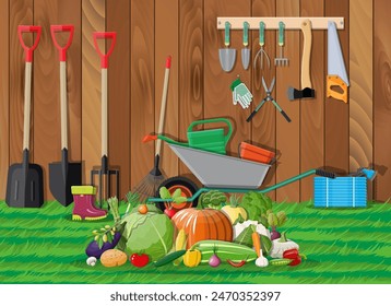 Garden harvest with vegetables and different gardening equipment, tools. Wheelbarrow hose rake can shovel secateurs gloves boots. Wooden fence, grass. Vector illustration in flat style