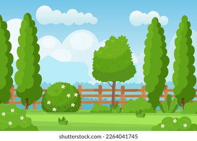 El paisaje de los jardines. Patio trasero vallado, parque de jardín rural con valla de madera, arbusto de flores y césped verde para parrillada de picnic de verano, ilustración de los vectores de dibujos animados