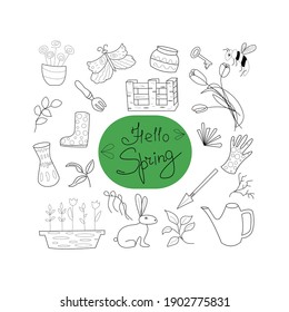 Garden  Hello spring vector doodle illustration. A set of icons on a spring theme isolated on a white background. Spring flowers, butterfly, garden, bunny, branches, plants, garden tools, bee, box 