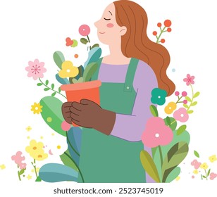 garden, hobby, leisure, flower garden, nature, women, vector, design, peace of mind, life, flower, apron, vector