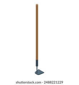 Garden hoe tool standing with a wooden handle, ready for digging and cultivating soil in an isometric perspective