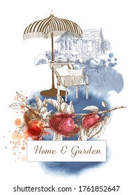 Garden And Home Card. Summer Holiday At Home. Hand Drawn Illustration Of A Garden, A House, A Sun Umbrella And A Wicker Chair And An Apple Branch In The Foreground.