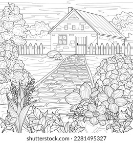 Garden and Home.Coloring book antistress for children and adults. Illustration isolated on white background.Zen-tangle style. Hand draw