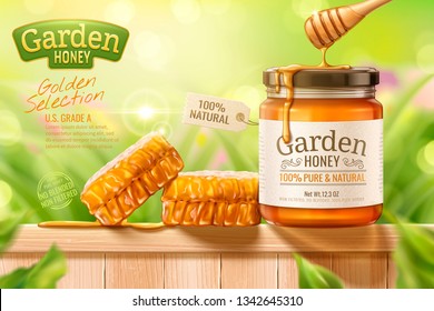 Garden honey ads with dipper and hives on bokeh grass background in 3d illustration