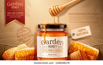 Garden honey ads with dipper and hives on engraved retro background in 3d illustration