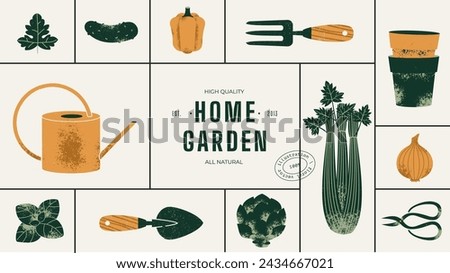 Garden horizontal design template. Fresh herbs and vegetables. Garden tools collection