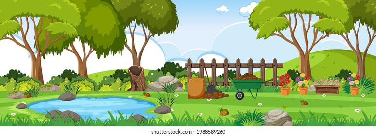 Garden horizontal landscape scene with many gardening tools illustration