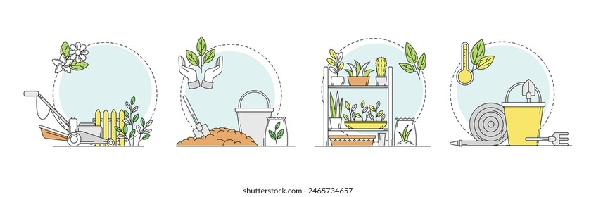 Garden and Horticulture with Plant Cultivation Line Vector Set