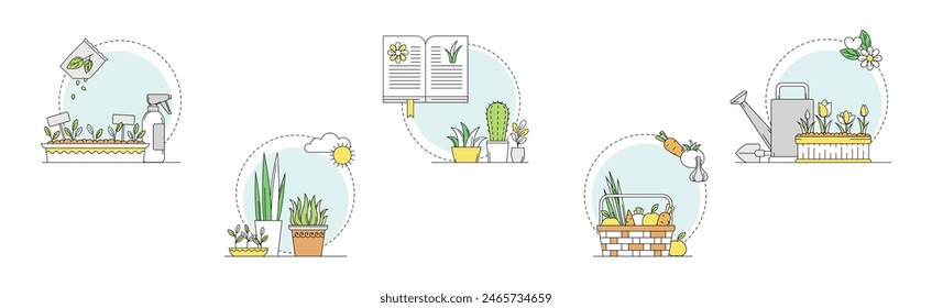 Garden and Horticulture with Plant Cultivation Line Vector Set