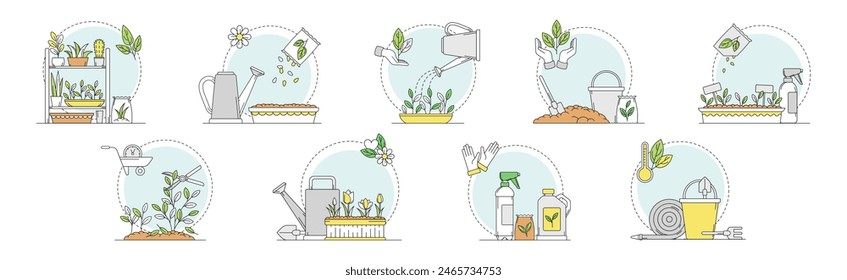 Garden and Horticulture with Plant Cultivation Line Vector Set