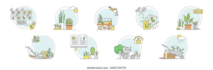 Garden and Horticulture with Plant Cultivation Line Vector Set