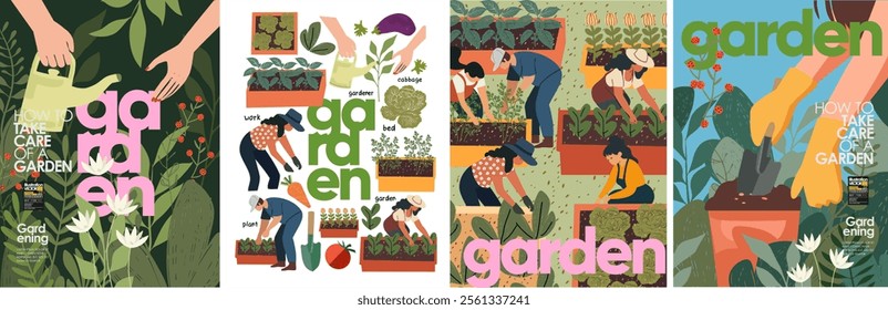 Garden, horticulture and vegetable garden. Vector illustration of gardener hands with watering can, people work on beds for poster, background or cover