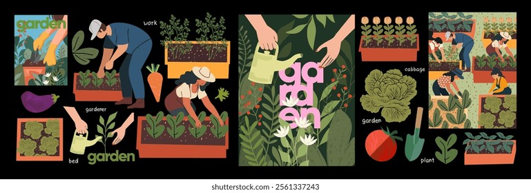 Garden, horticulture and vegetable garden. Vector illustration of gardener hands with watering can, people work on beds for poster, banner, background or cover