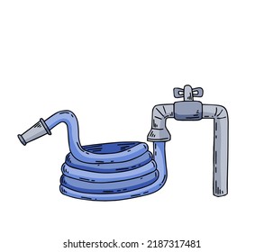 Garden hose. Connection to water supply. Lawn and garden irrigation. Outline cartoon
