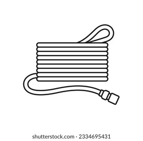 Garden hose with connector for pipes, faucets, rainwater tanks. Agricultural equipment. Vector outline icon, flat illustration of hosepipe isolated on white background