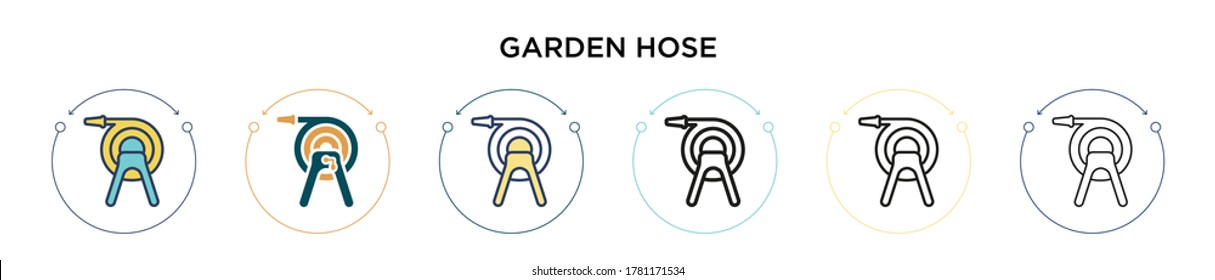 Icono de manguera de jardín con estilo relleno, delgado, contorno y trazo. Ilustración vectorial de dos diseños de iconos vectoriales de mangueras de jardín de color y negro para móviles, ui, web