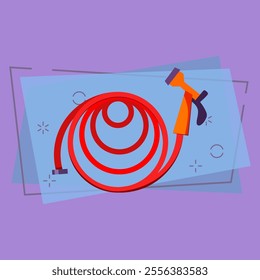 Garden hose. Red hose with sprinkler. Agriculture attributes concept. Vector illustration can be used for topics like garden tools, cultivation, horticulture