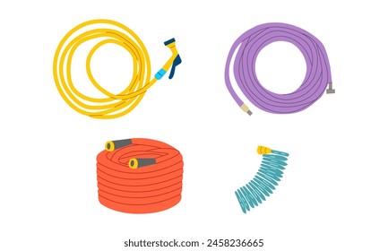 Garden hose set cartoon. tool irrigation, sprinkler summer,spring and autumn, pipe care garden hose sign. Isolated symbol vector illustration on white background.