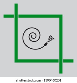 Garden hose sign. Black icon inside green crop tool at light gray background