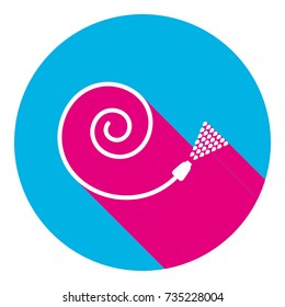 Garden hose sign. Vector. Flat white icon with mexican pink shadow inside sky blue(S and G) circle at white background. Isolated. Trend colors in 2017.