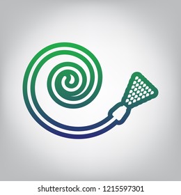 Garden hose sign. Vector. Green to blue gradient contour icon at grayish background with light in center.