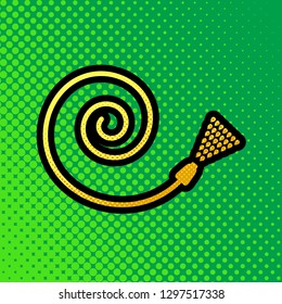 Garden hose sign. Vector. Pop art orange to yellow dots-gradient icon with black contour at greenish background.