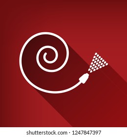 Garden hose sign. Vector. White icon with limitless shadow at ruby red background.