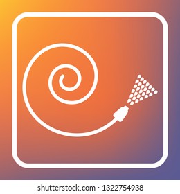 Garden hose sign. Vector. White icon on transparent button at orange-violet gradient background.