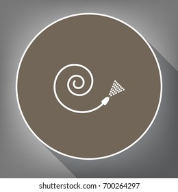 Garden hose sign. Vector. White icon on brown circle with white contour and long shadow at gray background. Like top view on postament.