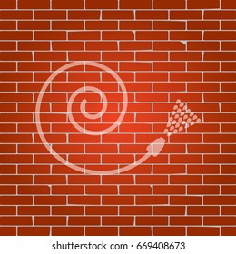 Garden hose sign. Vector. Whitish icon on brick wall as background.