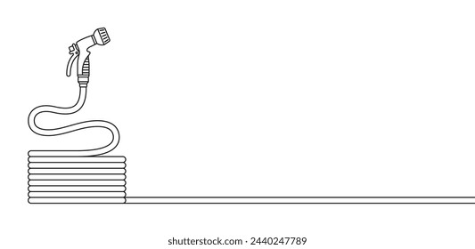 Garden hose with spray nozzle, coiled rubber hosepipe for irrigate plants. Banner, template for advertising or information poster with space for text. Vector outline illustration