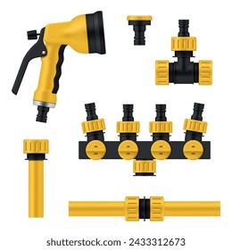 Manguera de jardín regadera equipo jardinería agricultura herramienta conjunto de ilustración vectorial realista. Accesorio de irrigación de horticultura agrícola rural negro tubo rociador conector de boquilla