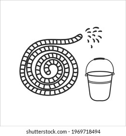 Garden hose for watering plants and a bucket. Hand drawn sketches gardening tools. Isolated elements equipment for agriculture in Doodle style. Vector illustration on a white background.