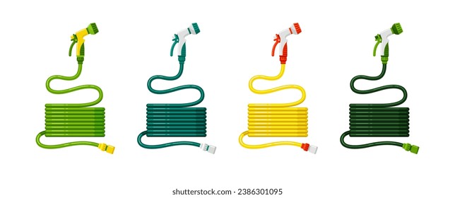 Garden hose, watering rubber hosepipe with spray nozzle for drip irrigation system, side view. Agricultural equipment. Set of vector flat cartoon colorful illustrations isolated on white background