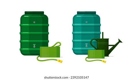 Garden hoses, barrels and watering can, big plastic reservoirs with taps, and rubber pipes for irrigate plants, side view.  Vector flat cartoon set isolated on white background