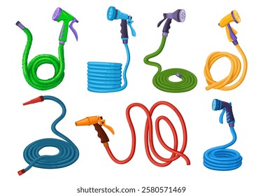 Garden hoses. Watering rubber hosepipe with spray plastic nozzle drip irrigation for lawn grass, pipe reel roll gardening tool farm equipment, cartoon set tidy vector illustration original artwork