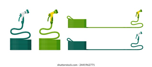 Gartenschläuche, Bewässerungsgummi-Schlauchleitungen mit Sprühdüsen für Tropfbewässerungssystem. Landwirtschaftliche Geräte. Set von Vektor flache Cartoon bunte Illustrationen auf weißem Hintergrund isoliert