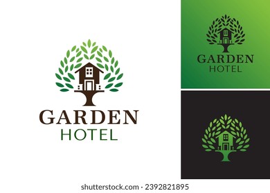 Garden hotel logo design. A serene and luxurious accommodation set in a lush garden environment, perfect for hospitality brochures, travel websites, and vacation advertisements