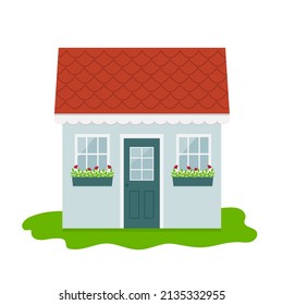 Garden house, backyard shed. Colorful small pretty house on green grass. Isolated vector illustartion