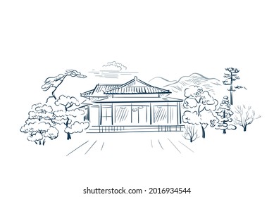 garden house card nature landscape view landscape card sketch illustration japanese chinevector se oriental line