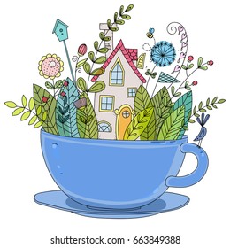 A garden with a house in a cup.