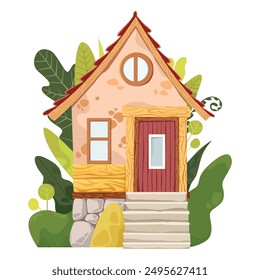 Garden house exterior. Cozy rural home with bushes and plants on the background. Suburban small village - detailed vector illustration
