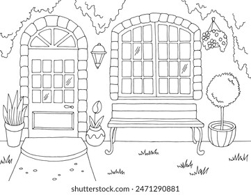 Garden house front graphic black white sketch illustration vector