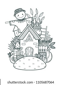 Garden house. Page for coloring book, greeting card, print, t-shirt, poster. Hand-drawn vector illustration.