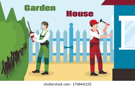 Garden House Repair Concept Banner. Flat Illustration Of Garden House Repair Vector Concept Banner For Web Design