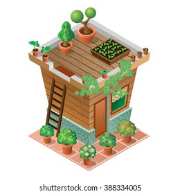 Garden house in spring and summer. 3d isometric view. Vector illustration.